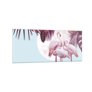 Obraz na szkle - Różowe flamingi na tle księżyca i tropikalnych liści - 120x50cm - Trzy ptasie gracje - Nowoczesna dekoracja ścienna do salonu i sypialni ARTTOR