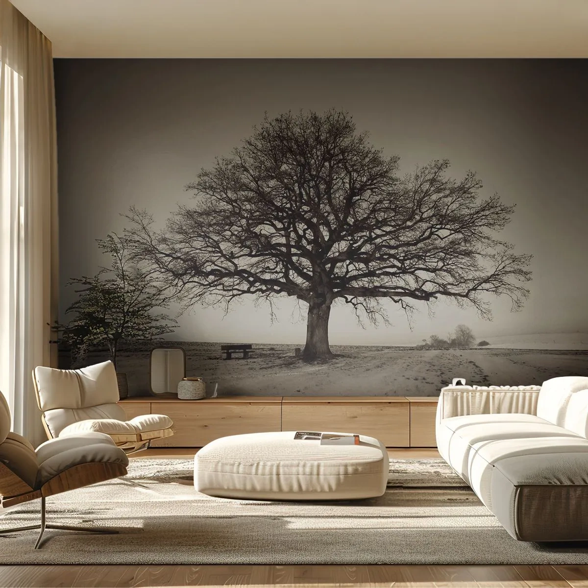 Fototapeta Premium Sand - Samotne drzewo w sepiańskim krajobrazie zimowym - 100x70cm - Stąd do wieczności - Nowoczesna dekoracja ścienna do salonu, kuchni i sypialni ARTTOR