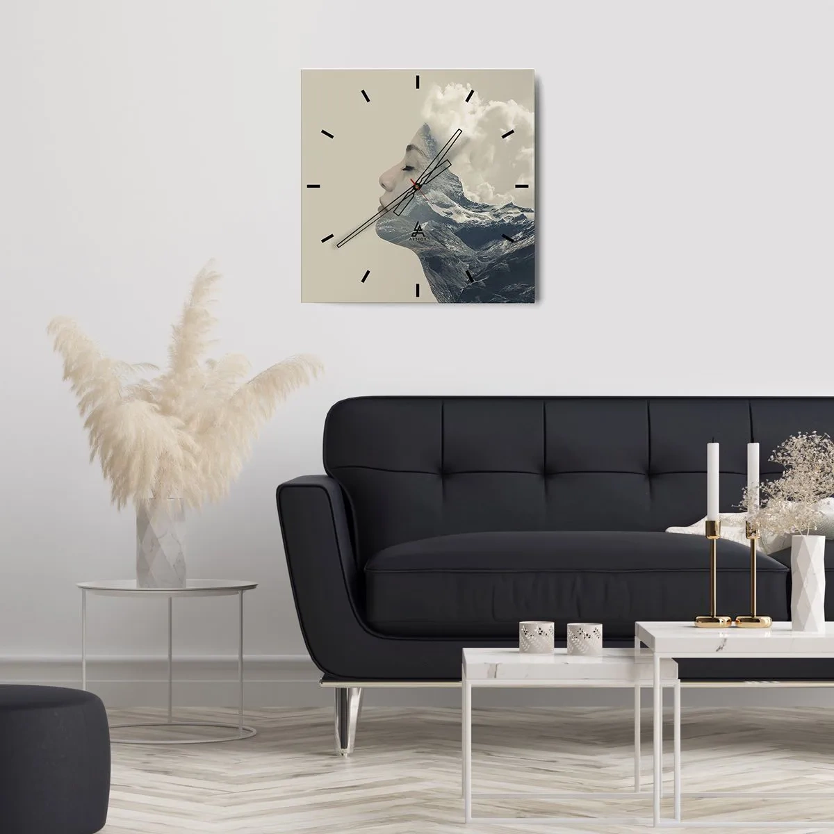Zegar ścienny - Sylwetka kobiety z krajobrazem gór w tle - 30x30cm - Uroda żywiołów - Nowoczesna dekoracja ścienna do salonu i sypialni ARTTOR