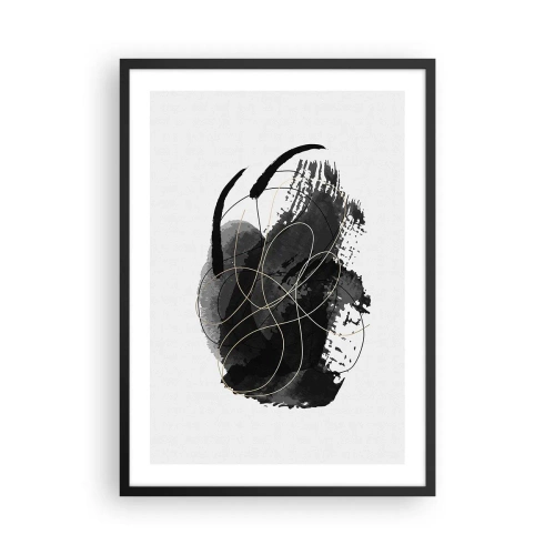 Plakat w czarnej ramie - Abstrakcyjna kompozycja w czerni z delikatnymi złotymi liniami - 50x70cm - Wysnute z czerni - Nowoczesna dekoracja ścienna do salonu i sypialni ARTTOR