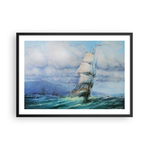 Plakat w czarnej ramie - Statek na wzburzonym morzu - 70x50cm - Pomyślnych wiatrów - Nowoczesna dekoracja ścienna do salonu i sypialni ARTTOR