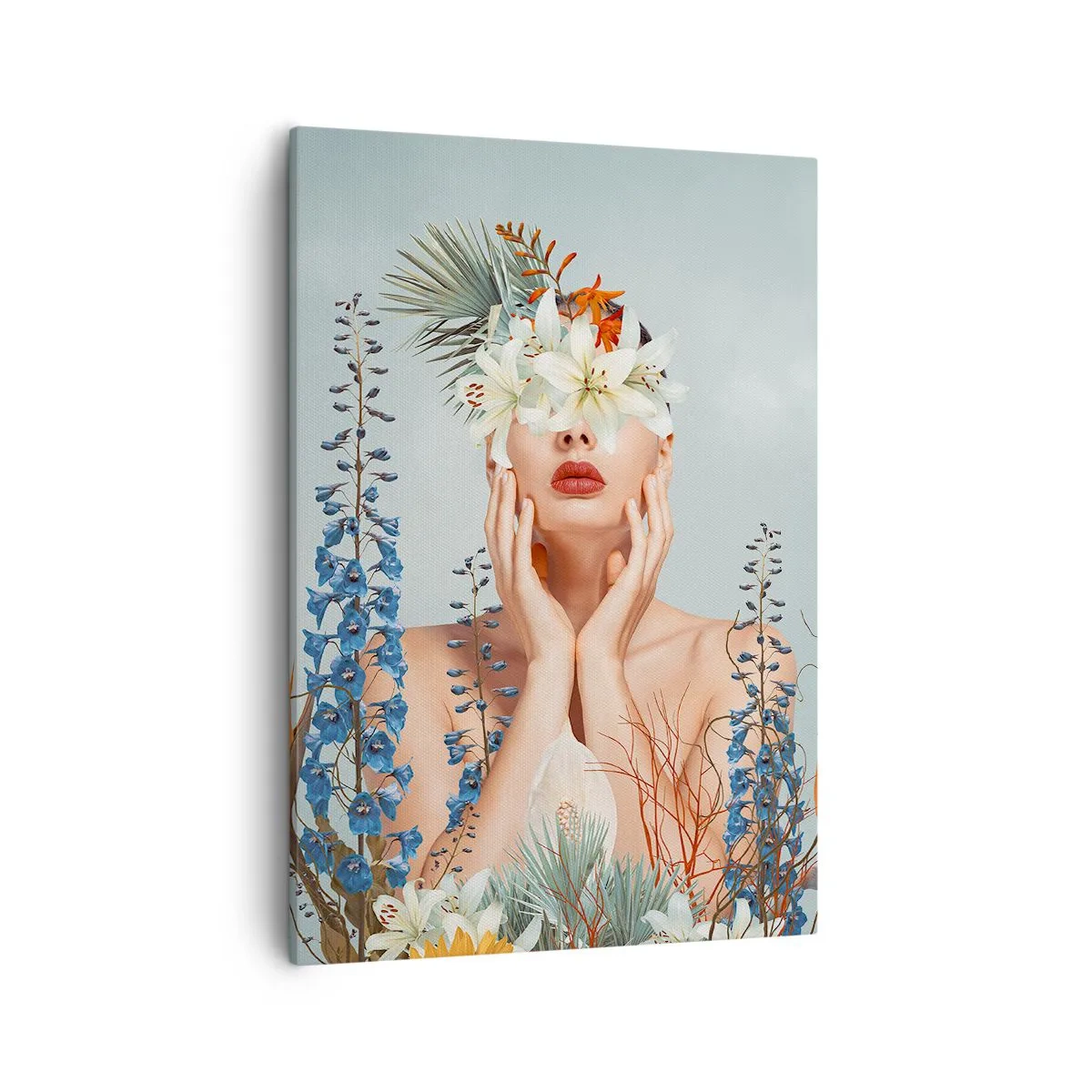Obraz na płótnie - Kobieta z kwiatami na głowie otoczona bujną roślinnością - 50x70cm - Kobieta – kwiat - Nowoczesna dekoracja ścienna do salonu, kuchni i sypialni ARTTOR