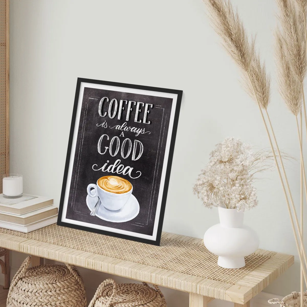 Plakat w czarnej ramie - Plakat z kawą i napisem w stylu tablicy kredowej - 50x70cm - Of course! - Nowoczesna dekoracja ścienna do salonu i sypialni ARTTOR
