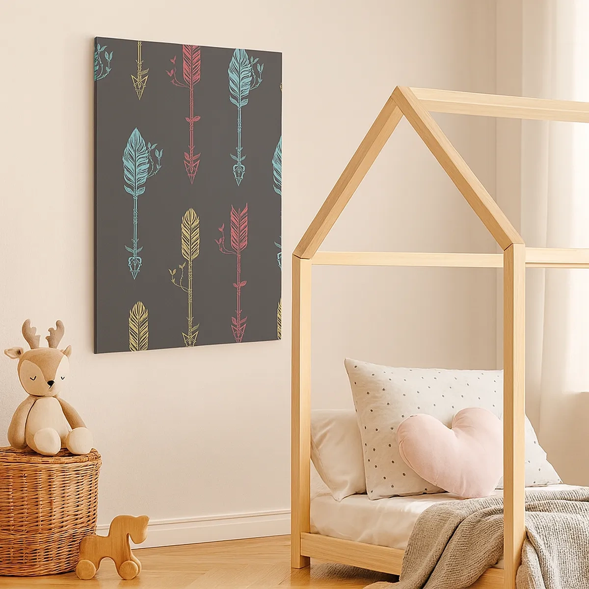 Obraz na płótnie - Wzór strzał w pastelowych kolorach na ciemnym tle - 50x70cm - W ordynku - Nowoczesna dekoracja ścienna do salonu, kuchni i sypialni ARTTOR