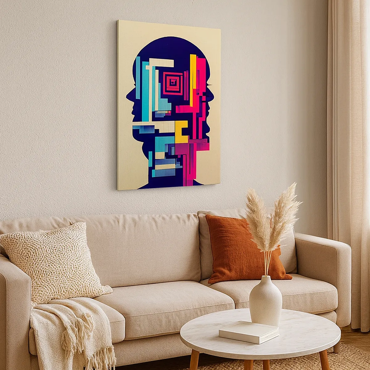 Obraz na płótnie - Abstrakcyjna ilustracja dwóch ludzkich sylwetek w geometrycznym stylu - 50x70cm - Nowe więzi - Nowoczesna dekoracja ścienna do salonu, kuchni i sypialni ARTTOR