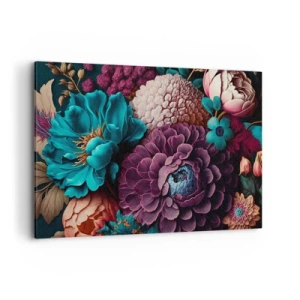 Obraz na płótnie - Bukiet kwiatów w intensywnych kolorach na ciemnym tle - 120x80cm - Natura na bogato - Nowoczesna dekoracja ścienna do salonu, kuchni i sypialni ARTTOR