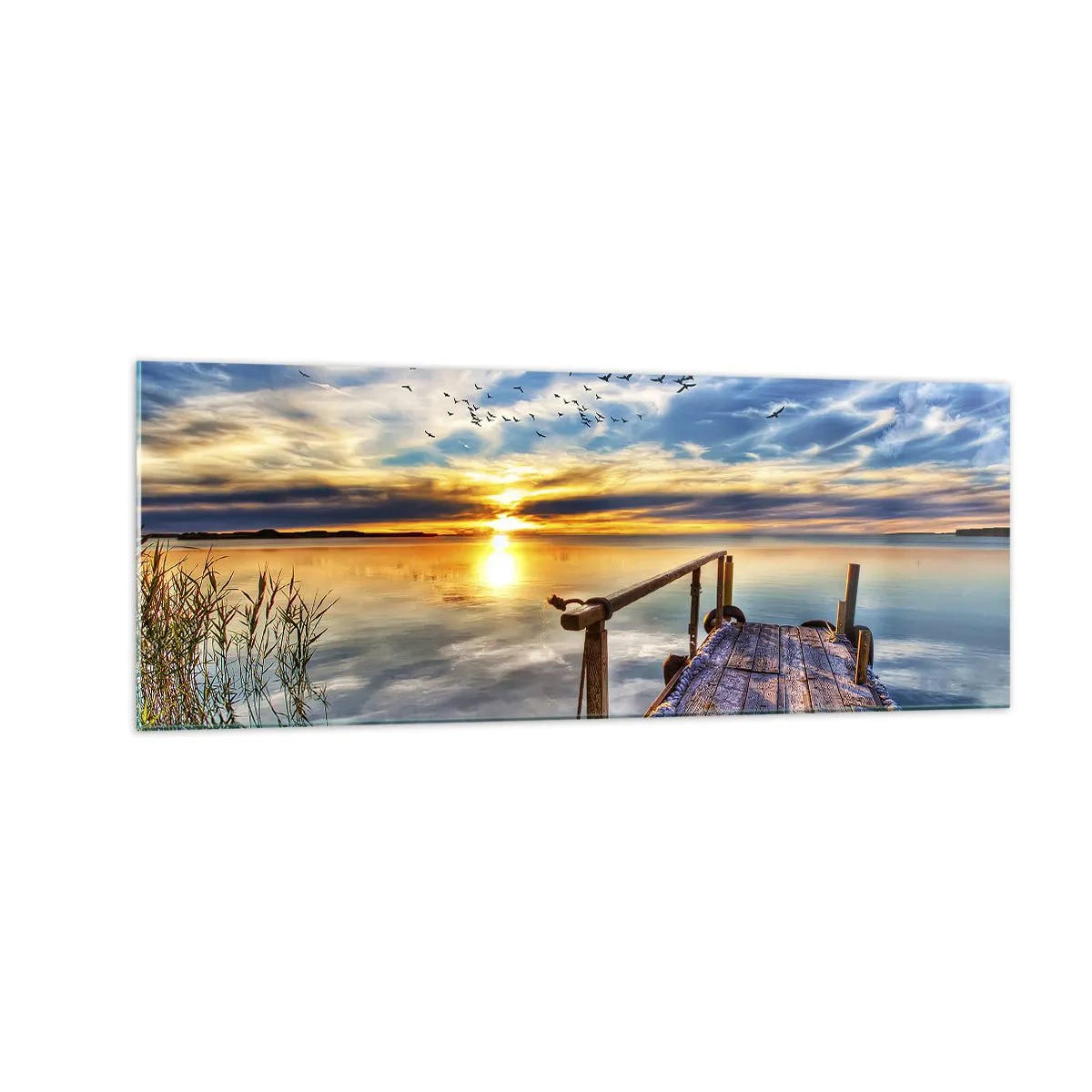 Obraz na szkle - Drewniany pomost nad jeziorem o zachodzie słońca - 140x50cm - Wiatr idzie na spoczynek - Nowoczesna dekoracja ścienna do salonu i sypialni ARTTOR