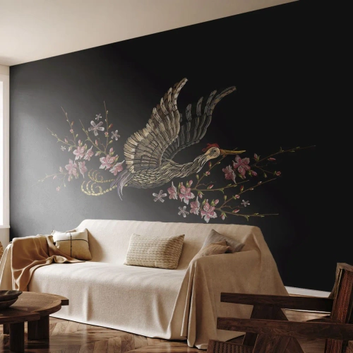 Fototapeta Premium Canvas - Egzotyczny, haftowany ptak - Ptak, Grafika, Kwiaty - 400x280 cm