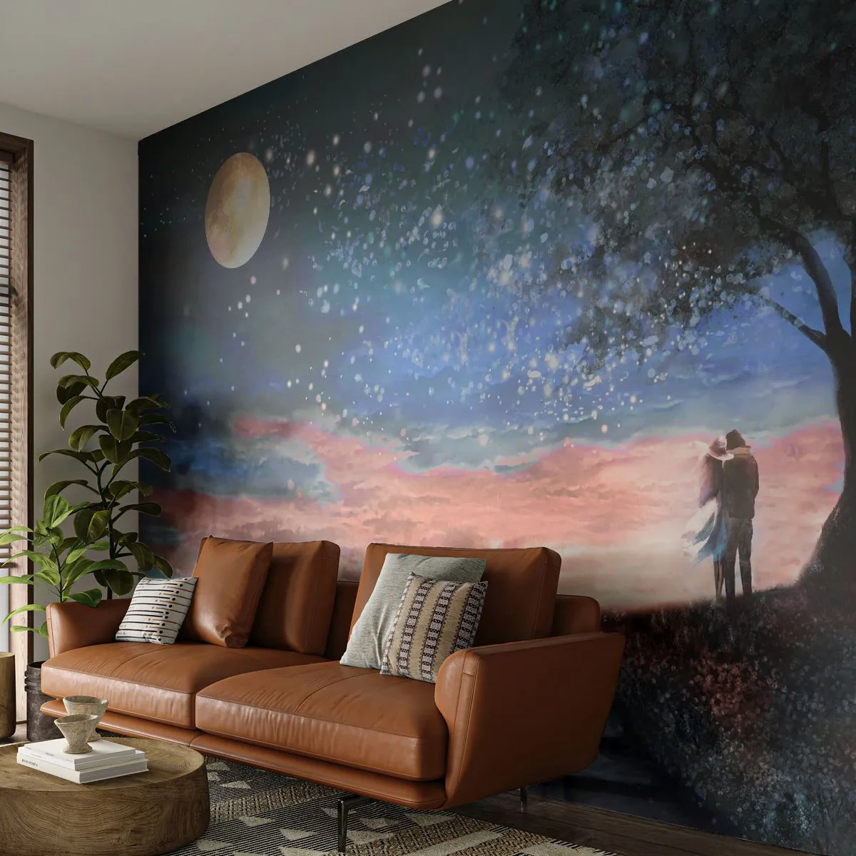 Fototapeta Premium Sand - Romantyczna para pod drzewem w świetle księżyca - 100x70cm - Gwiaździsty spektakl - Nowoczesna dekoracja ścienna do salonu, kuchni i sypialni ARTTOR