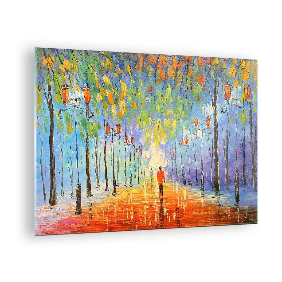 Obraz na szkle - Kolorowy park z alejką i latarniami w malarskim stylu - 70x50cm - Nocna piosenka deszczu - Nowoczesna dekoracja ścienna do salonu i sypialni ARTTOR