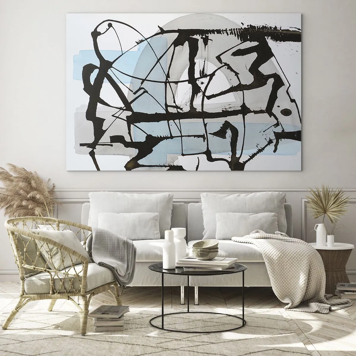 Obraz na szkle - Abstrakcyjna kompozycja z czarnym szkicem i błękitnymi plamami - 70x50cm - Mimo wszystko błękitny - Nowoczesna dekoracja ścienna do salonu i sypialni ARTTOR