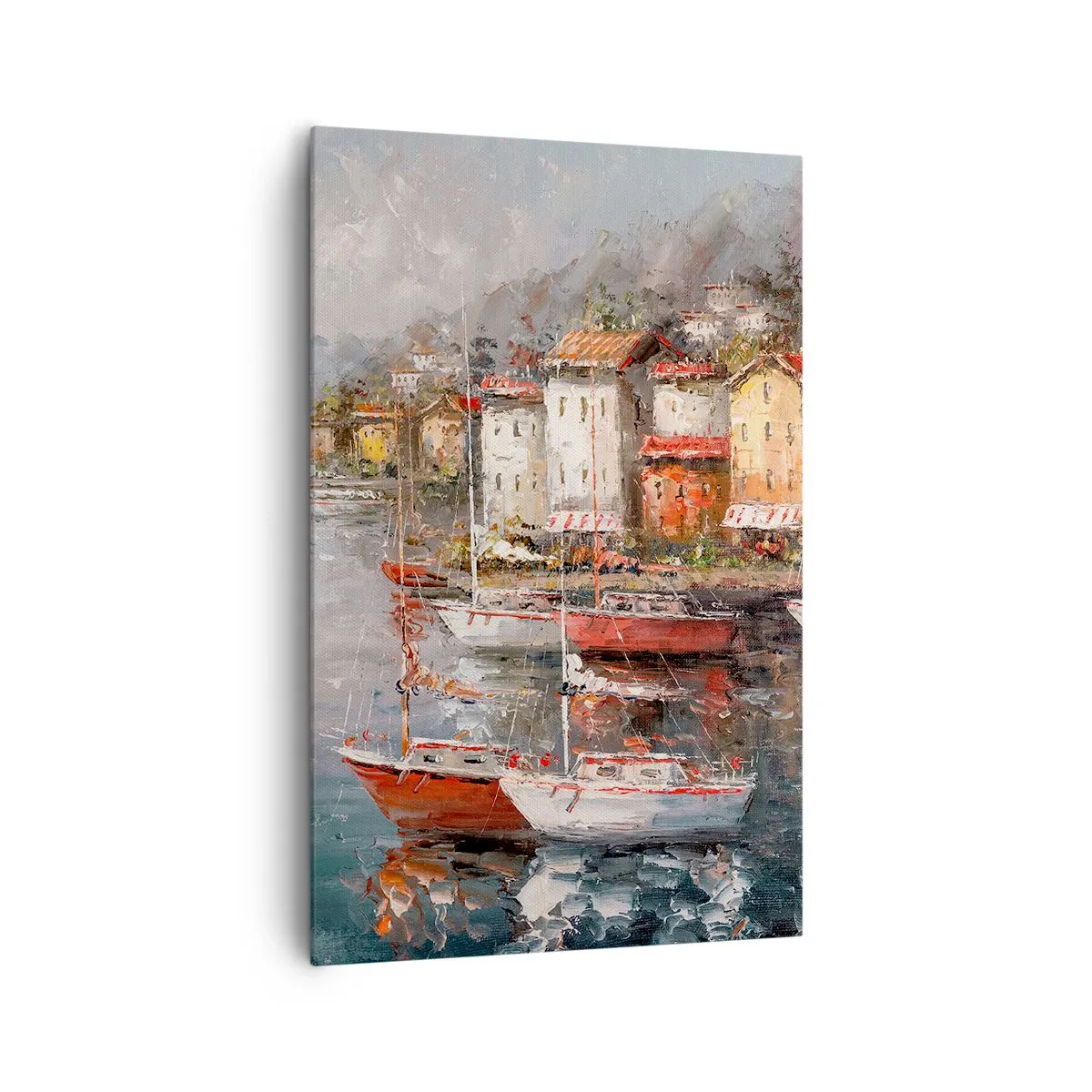 Obraz na płótnie - Nadmorska sceneria z łodziami i kolorowymi domami - 80x120cm - Romantyczna przystań - Nowoczesna dekoracja ścienna do salonu i sypialni ARTTOR