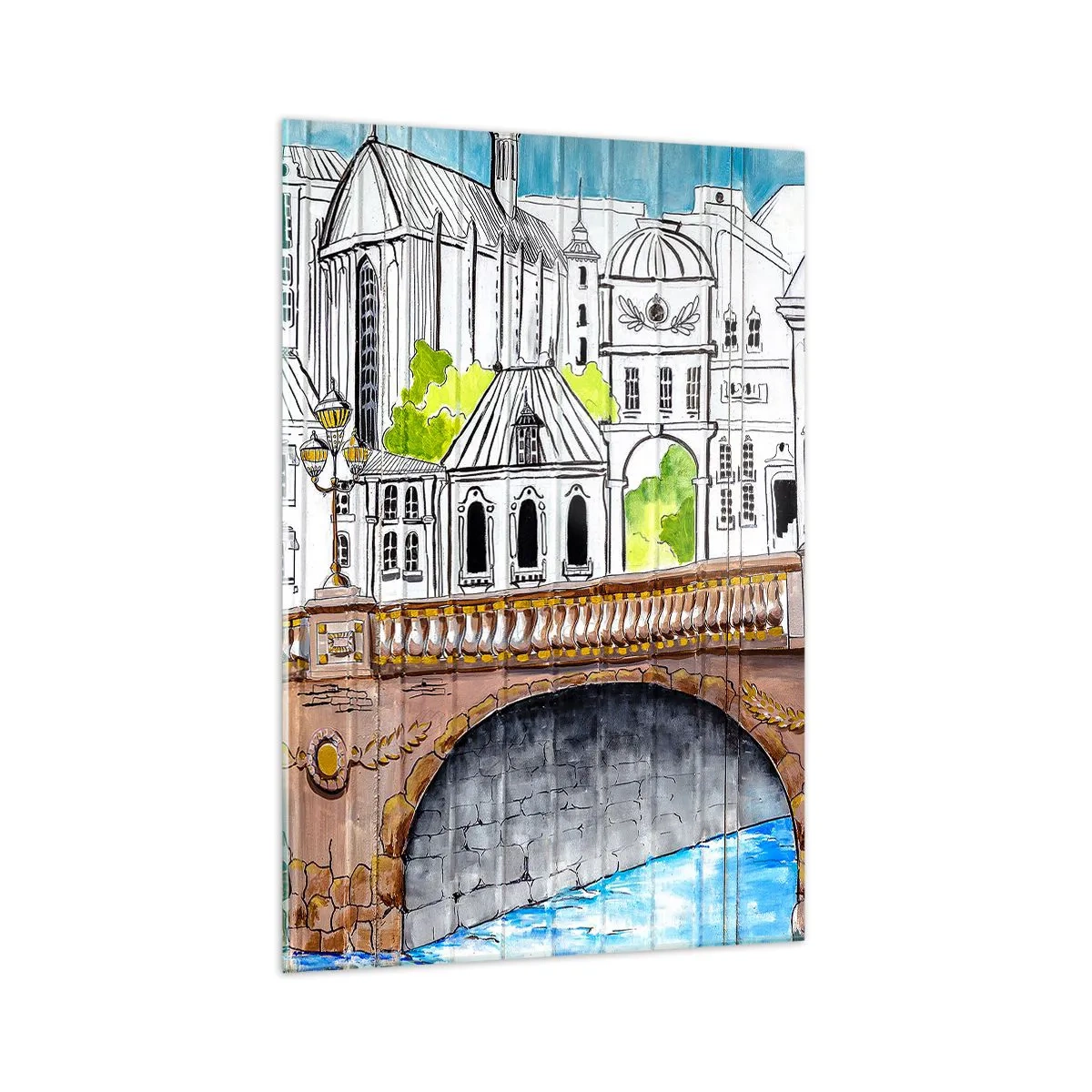 Obraz na szkle - Rysunek mostu i zabytkowej architektury miejskiej - 70x100cm - Miasto jak malowane - Nowoczesna dekoracja ścienna do salonu i sypialni ARTTOR