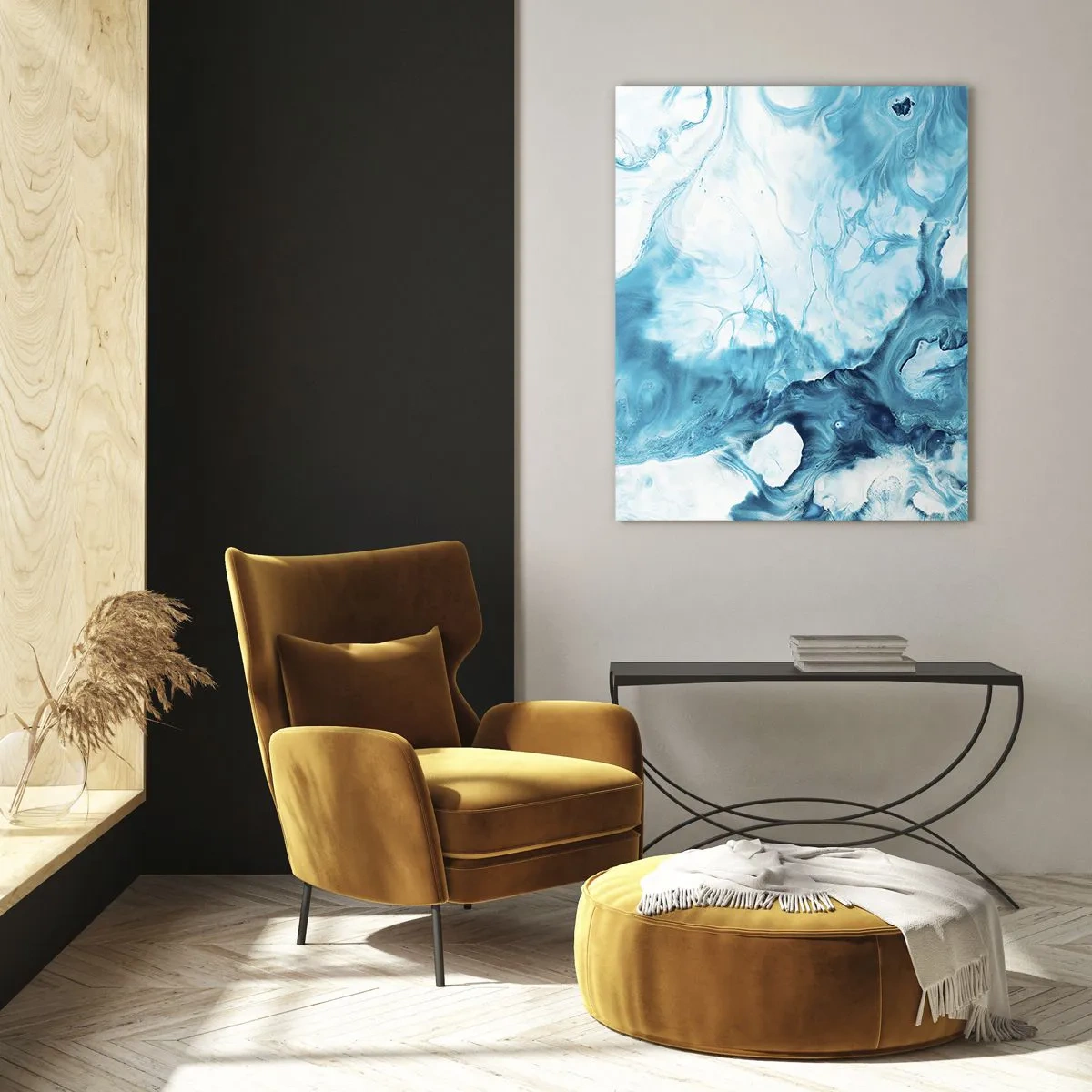 Obraz na szkle - Abstrakcyjna kompozycja w odcieniach błękitu i bieli - 50x70cm - Koncert błękitu - Nowoczesna dekoracja ścienna do salonu, kuchni i sypialni ARTTOR