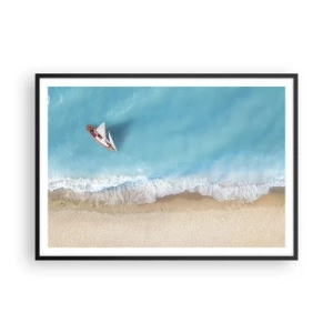 Plakat w czarnej ramie - Łódka przy plaży w widoku z lotu ptaka - 100x70cm - Na granicy błękitu i złota - Nowoczesna dekoracja ścienna do salonu i sypialni ARTTOR