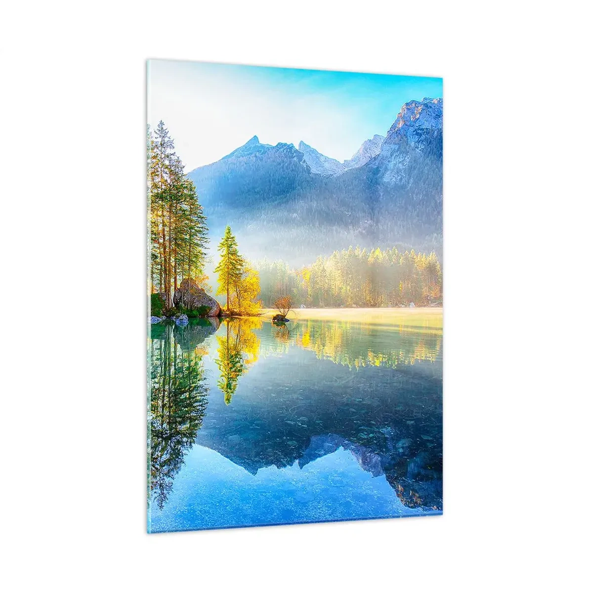 Obraz na szkle - Górski krajobraz z jeziorem i porannym słońcem - 50x70cm - Majestat i słodycz - Nowoczesna dekoracja ścienna do salonu, kuchni i sypialni ARTTOR