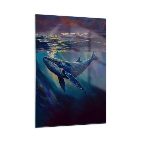 Obraz na szkle - Wieloryb unoszący się pod taflą wody w świetle słońca - 50x70cm - Witaj w moim świecie - Nowoczesna dekoracja ścienna do salonu, kuchni i sypialni ARTTOR