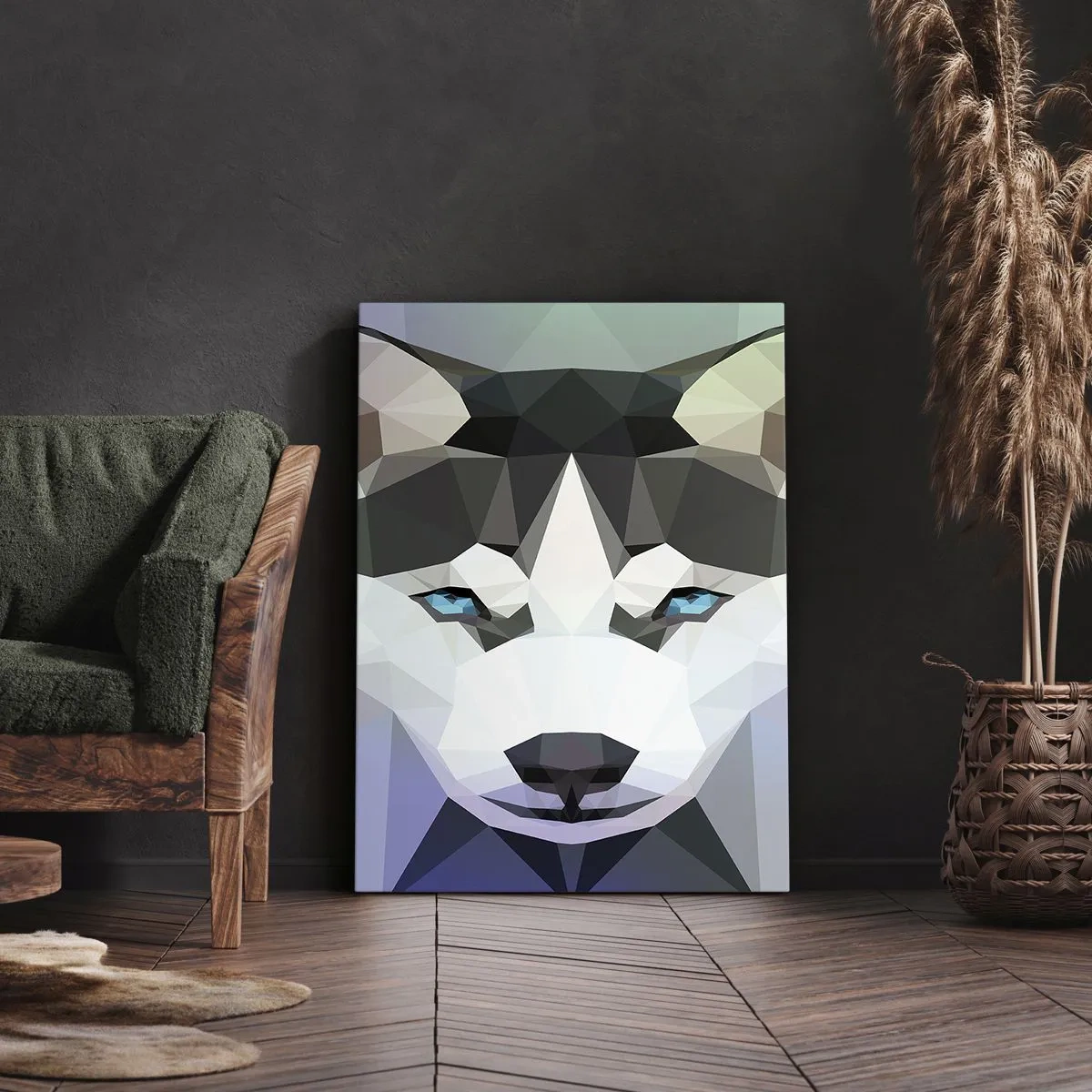 Obraz na płótnie - Nowoczesna grafika husky w stylu low-poly - 50x70cm - Wspomnienie śniegów północy - Nowoczesna dekoracja ścienna do salonu, kuchni i sypialni ARTTOR