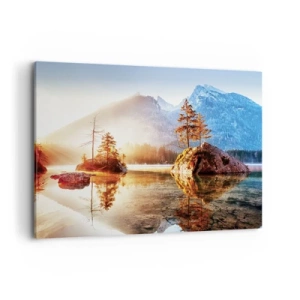 Obraz na płótnie - Jezioro z wyspami i górami w tle o wschodzie słońca - 120x80cm - Natura w nowym świetle - Nowoczesna dekoracja ścienna do salonu, kuchni i sypialni ARTTOR