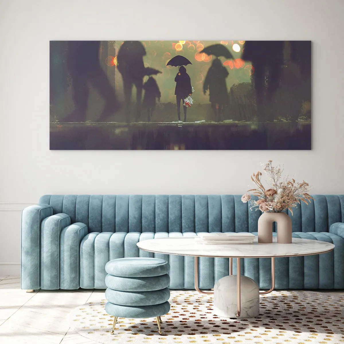 Obraz na szkle - Postać z parasolem w deszczowy wieczór wśród świateł miasta - 140x50cm - Z perspektywy kropli deszczu - Nowoczesna dekoracja ścienna do salonu i sypialni ARTTOR