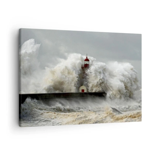 Obraz na płótnie - Latarnia morska otoczona wzburzonymi falami podczas sztormu - 70x50cm - Gniew oceanu - Nowoczesna dekoracja ścienna do salonu i sypialni ARTTOR