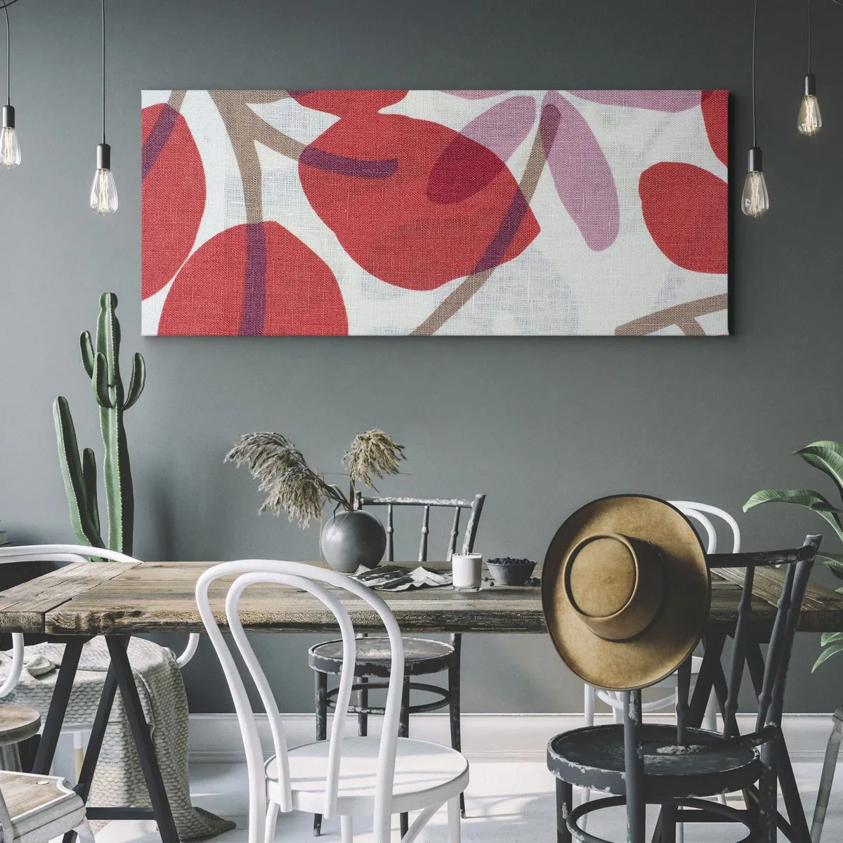 Obraz na płótnie - Kwiaty i liście w odcieniach czerwieni i różu - 120x50cm - Kompozycja kwiatowa w różu - Nowoczesna dekoracja ścienna do salonu i sypialni ARTTOR