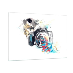 Obraz na szkle - Aparat fotograficzny z abstrakcyjnymi kolorowymi elementami - 100x70cm - W oku obiektywu - Nowoczesna dekoracja ścienna do salonu, kuchni i sypialni ARTTOR