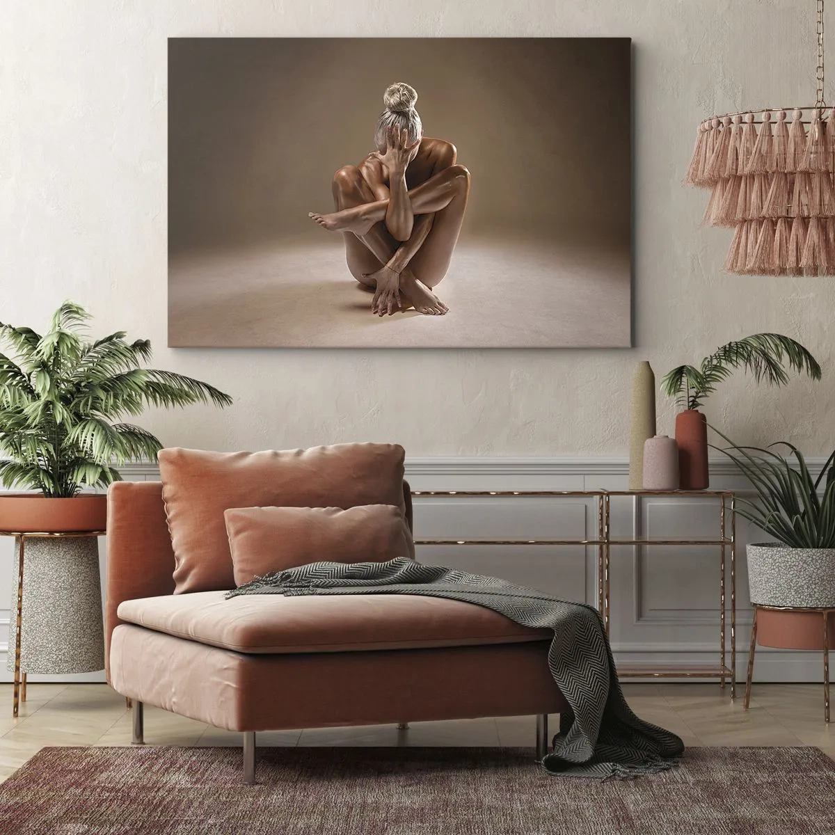Obraz na płótnie - Artystyczna sylwetka kobiety na beżowym tle - 70x50cm - Jedność ciała i ducha - Nowoczesna dekoracja ścienna do salonu i sypialni ARTTOR