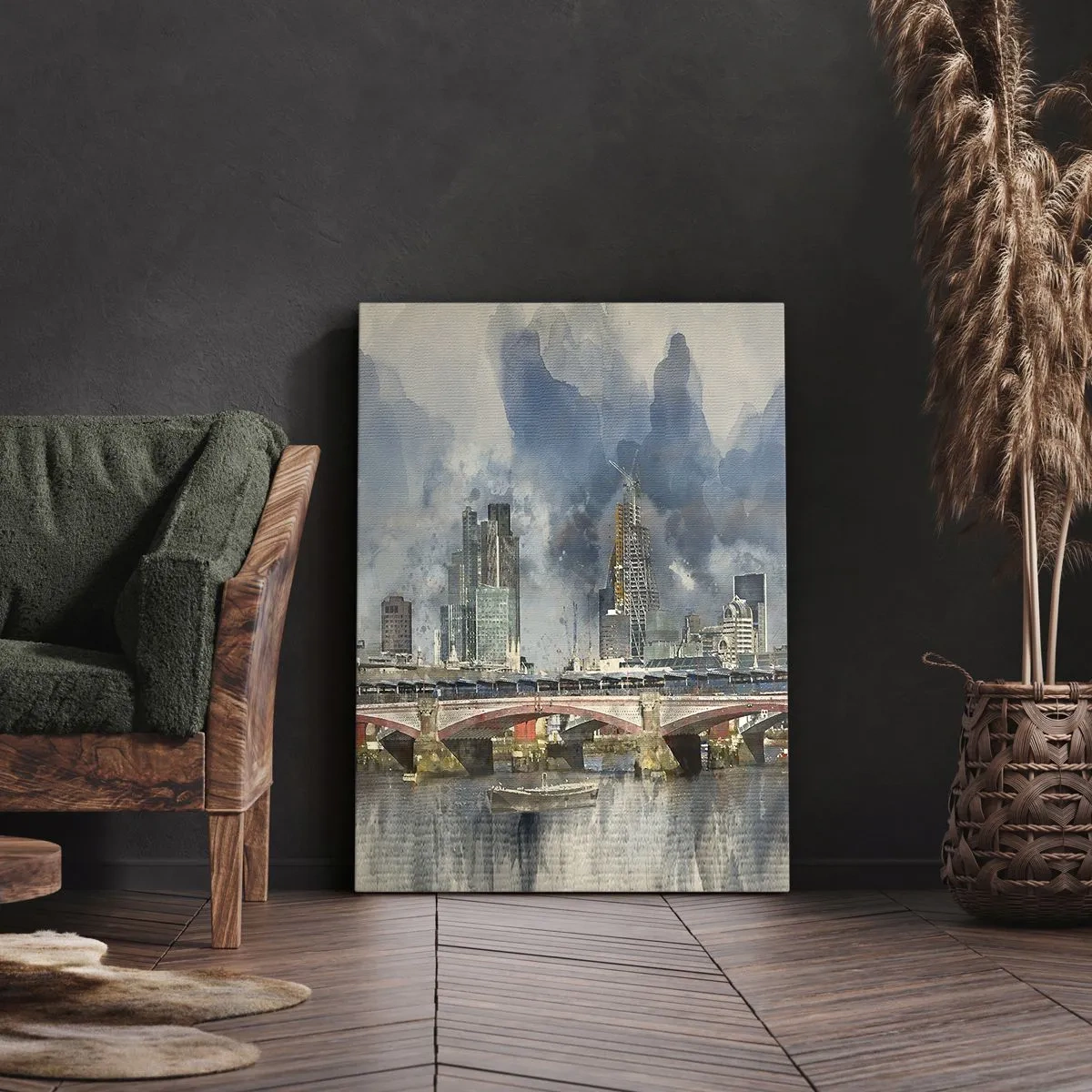 Obraz na płótnie - Panorama miasta z mostem i drapaczami chmur - 50x70cm - Londyn w całej okazałości - Nowoczesna dekoracja ścienna do salonu, kuchni i sypialni ARTTOR