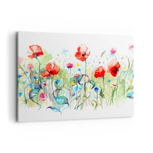 Obraz na płótnie - Łąka z czerwonymi makami i kolorowymi kwiatami w akwareli - 120x80cm - Kwitnąca majem łąka - Nowoczesna dekoracja ścienna do salonu, kuchni i sypialni ARTTOR