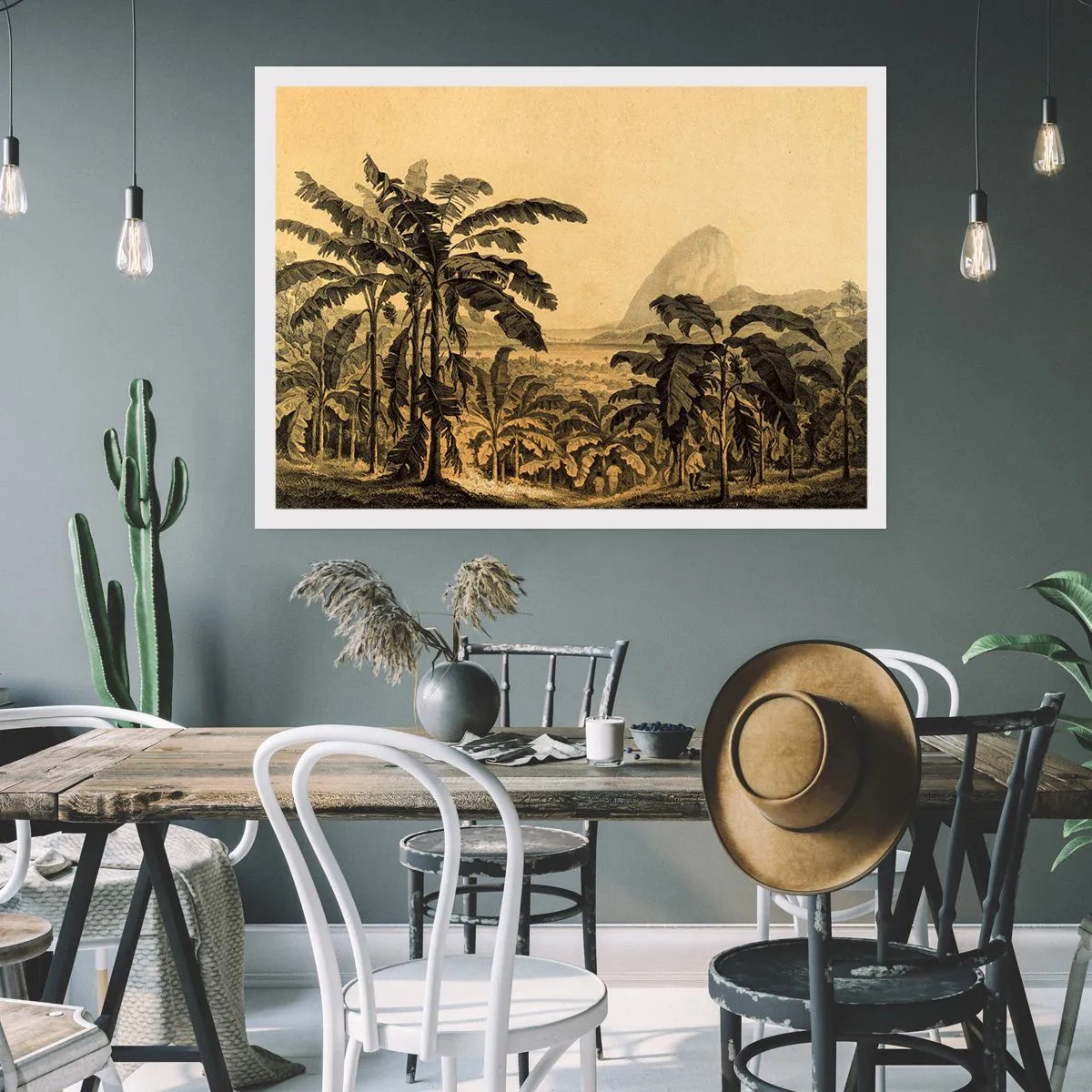 Plakat - Rysunek bananowców na tle tropikalnego krajobrazu - 100x70cm - w kolonialnym klimacie - Nowoczesna dekoracja ścienna do salonu i sypialni ARTTOR