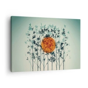 Obraz na płótnie - Pomarańczowe słońce wśród bambusowych gałęzi - 70x50cm - Japońskie słońce - Nowoczesna dekoracja ścienna do salonu i sypialni ARTTOR