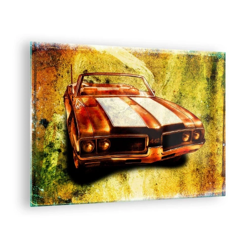 Obraz na szkle - Sportowy kabriolet w stylu vintage na artystycznym tle - 70x50cm - Moc zaklęta w kształtach - Nowoczesna dekoracja ścienna do salonu i sypialni ARTTOR