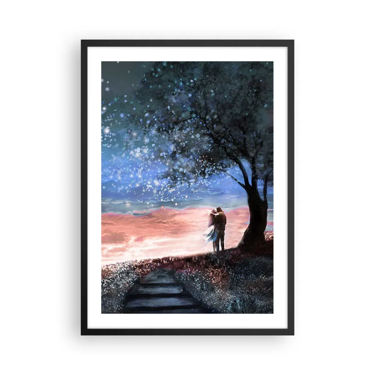Plakat w czarnej ramie - Para pod drzewem w świetle gwiazd i malowniczym krajobrazie - 50x70cm - Gwiaździsty spektakl - Nowoczesna dekoracja ścienna do salonu i sypialni ARTTOR