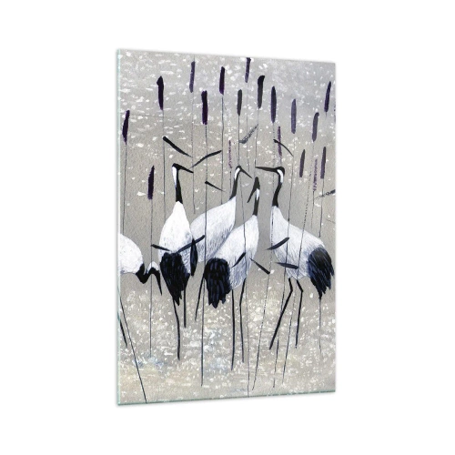 Obraz na szkle - Czaple wśród traw na spokojnym tle - 70x100cm - Wśród swoich - Nowoczesna dekoracja ścienna do salonu i sypialni ARTTOR