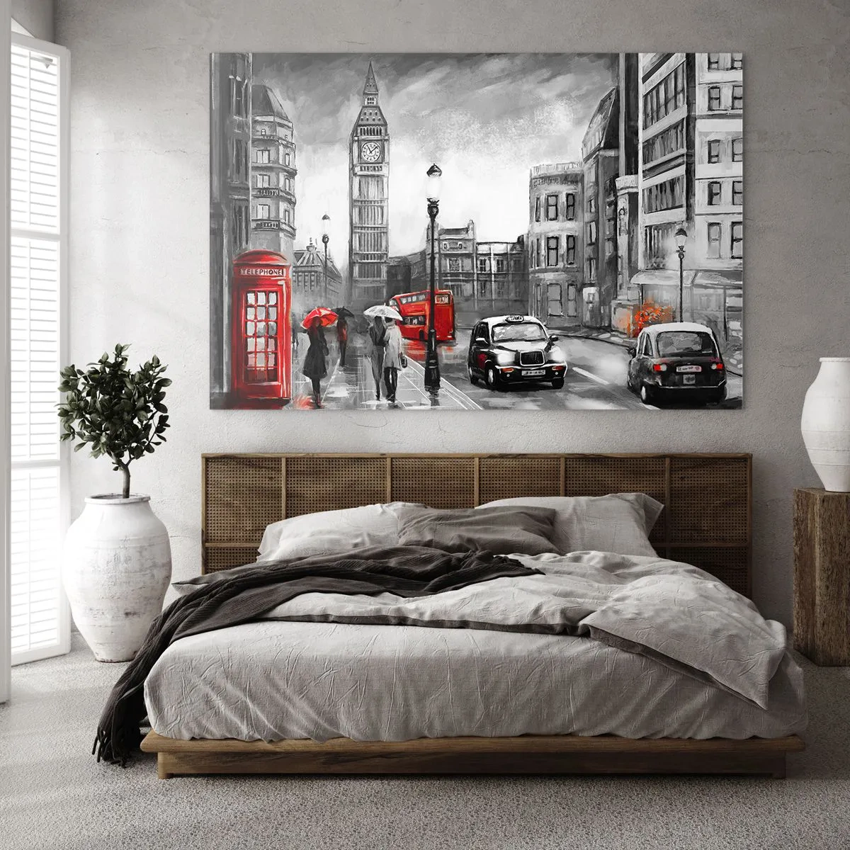 Obraz na szkle - Big Ben i ulice Londynu z czerwonymi akcentami na szarym tle - 70x50cm - Wcale nie szare miasto - Nowoczesna dekoracja ścienna do salonu i sypialni ARTTOR