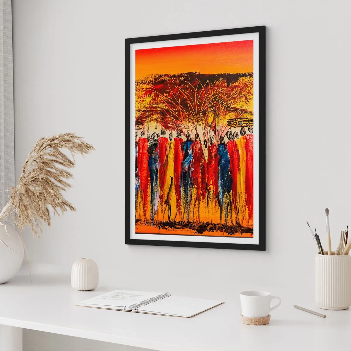 Plakat w czarnej ramie - Abstrakcyjna scena afrykańska z żywymi kolorami - 50x70cm - Tam, tam, tam tam idą - Nowoczesna dekoracja ścienna do salonu i sypialni ARTTOR