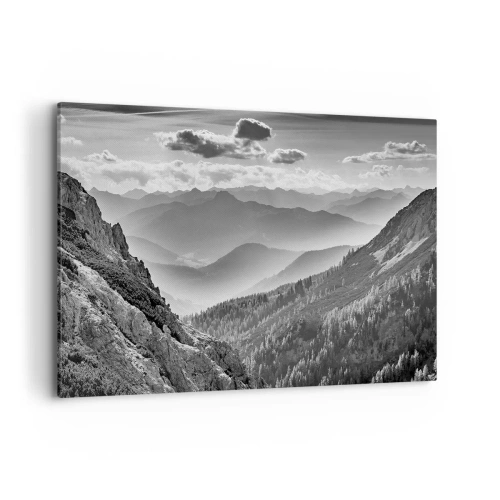 Obraz na płótnie - Czarno-biały krajobraz górski z chmurami nad szczytami - 120x80cm - Aż po horyzont - Nowoczesna dekoracja ścienna do salonu, kuchni i sypialni ARTTOR