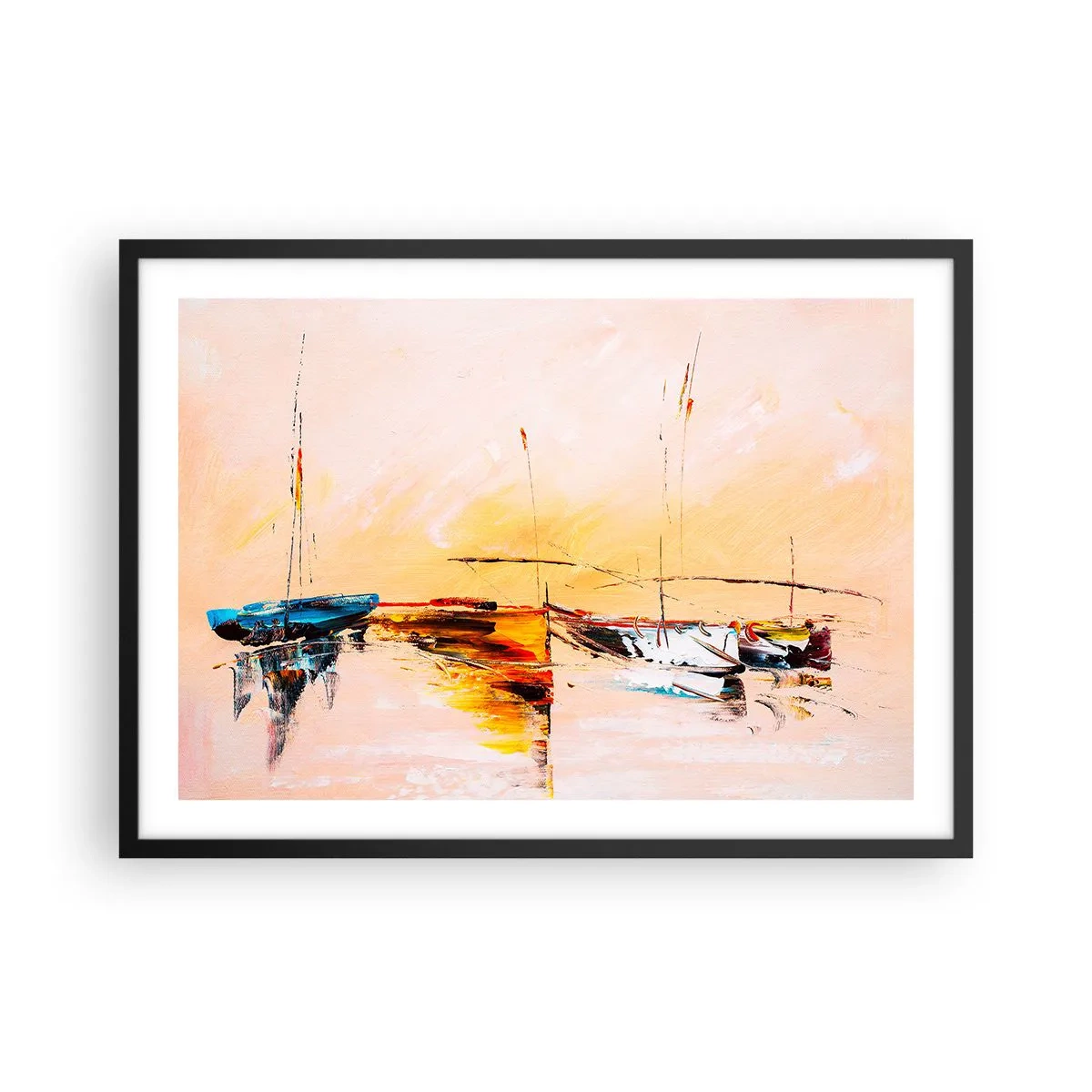 Plakat w czarnej ramie - Kolorowe łódki na spokojnej wodzie o zachodzie słońca - 70x50cm - Wieczór w przystani - Nowoczesna dekoracja ścienna do salonu i sypialni ARTTOR