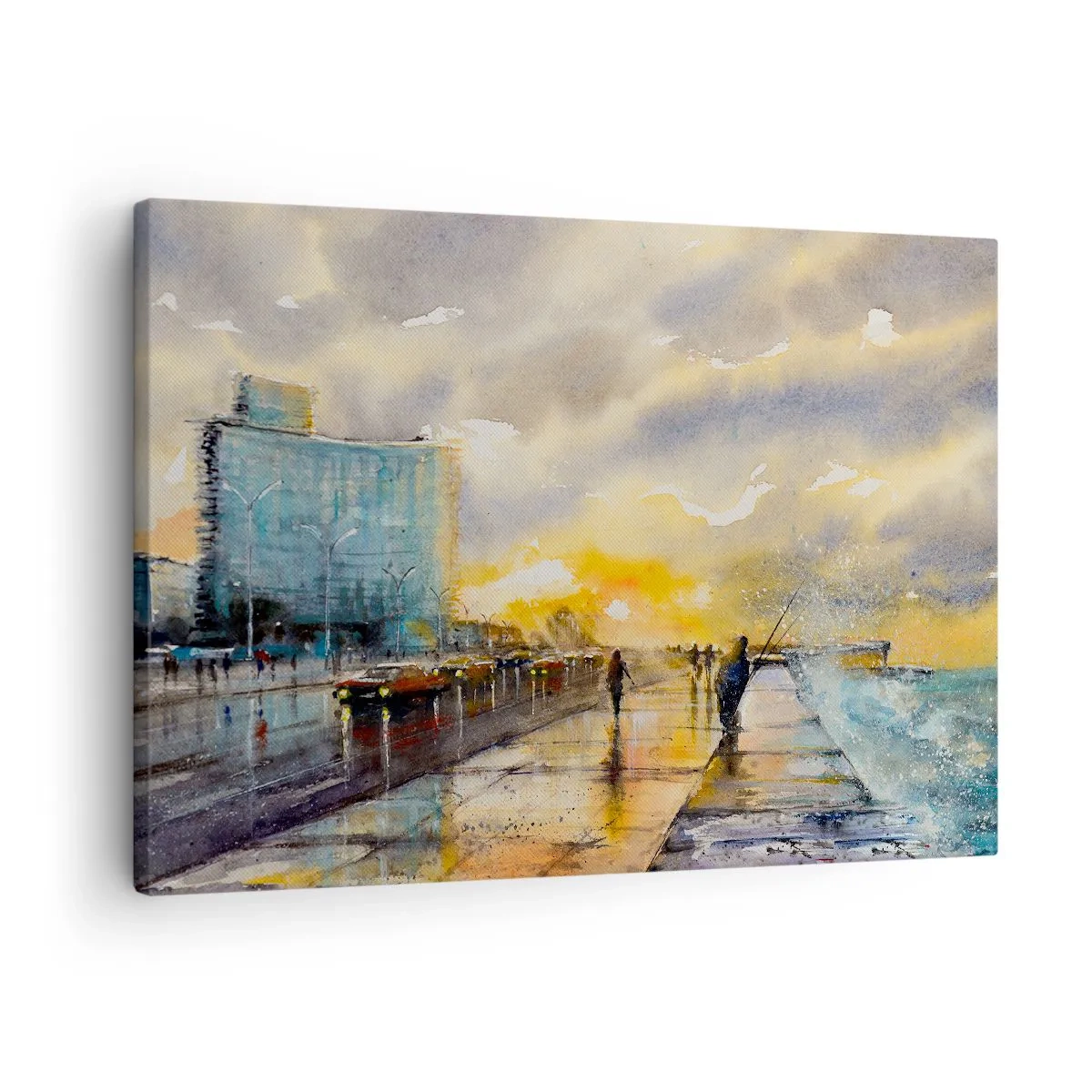 Obraz na płótnie - Malowniczy widok promenady nadmorskiej o zachodzie słońca - 70x50cm - Życie na brzegu - Nowoczesna dekoracja ścienna do salonu i sypialni ARTTOR