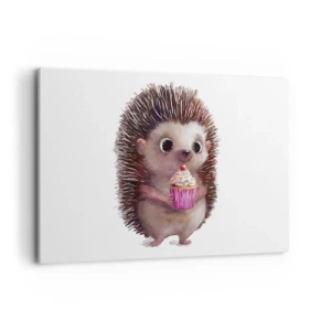 Obraz na płótnie - Uroczy jeżyk z babeczką - 120x80cm - Święto jest co dzień - Nowoczesna dekoracja ścienna do salonu, kuchni i sypialni ARTTOR
