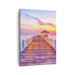 Obraz na płótnie - Drewniany pomost nad morzem o zachodzie słońca - 50x70cm - Liliowo-złota cisza wieczoru - Nowoczesna dekoracja ścienna do salonu, kuchni i sypialni ARTTOR