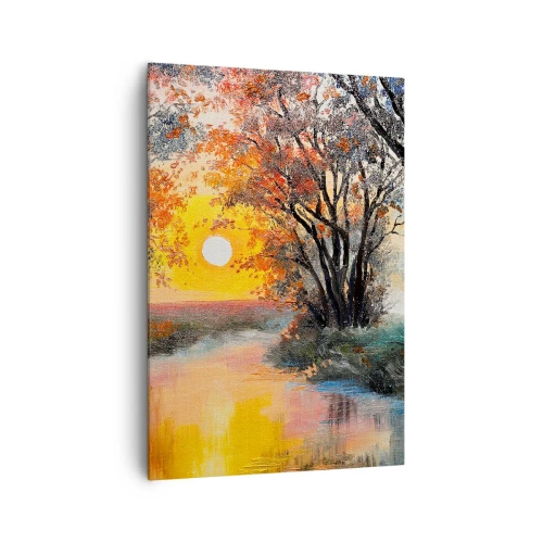 Obraz na płótnie - Zachód słońca nad rzeką w jesiennym krajobrazie - 70x100cm - Jesienne klimaty - Nowoczesna dekoracja ścienna do salonu i sypialni ARTTOR