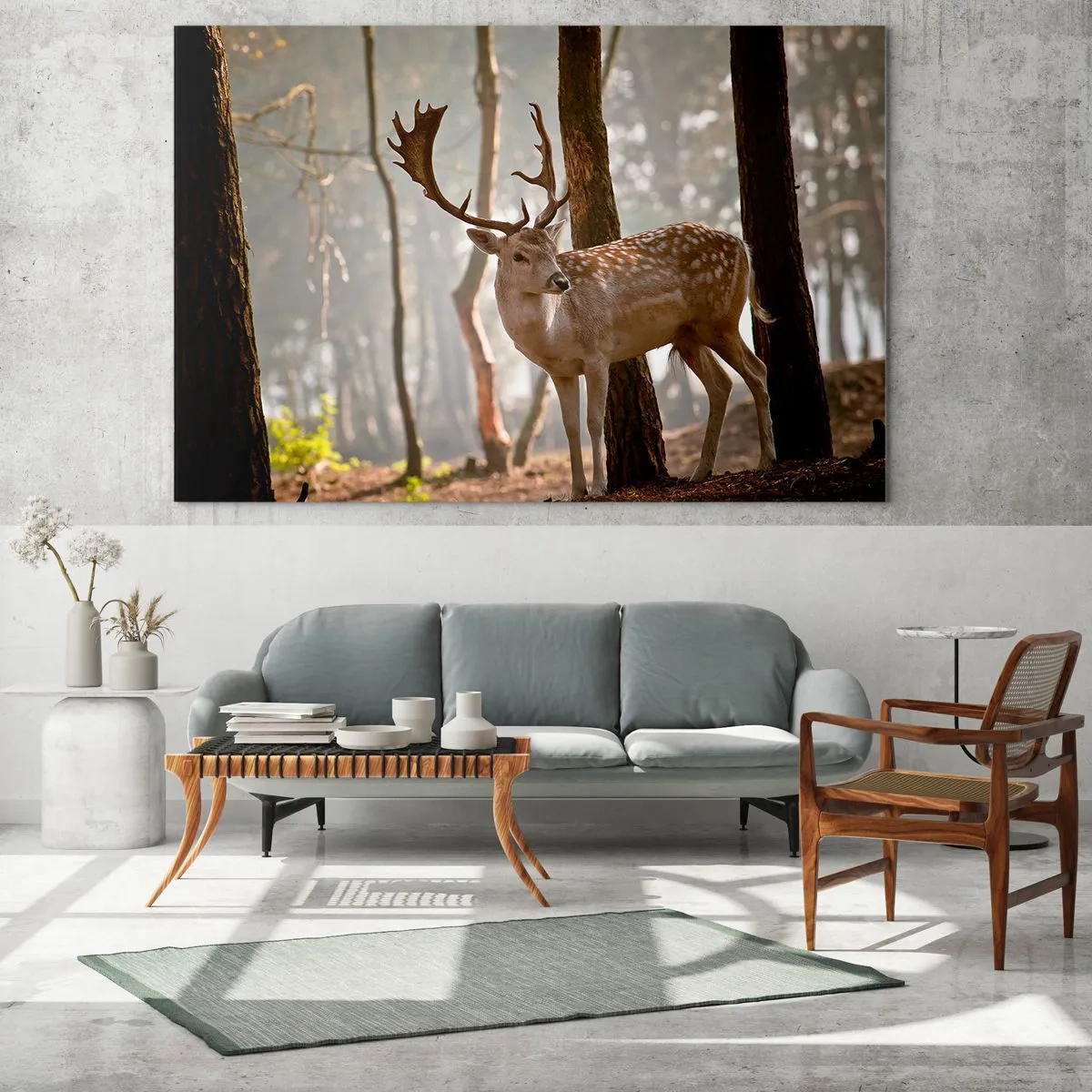 Obraz na szkle - Jeleń w lesie otoczony poranną mgłą - 70x50cm - Światło młodości - Nowoczesna dekoracja ścienna do salonu i sypialni ARTTOR