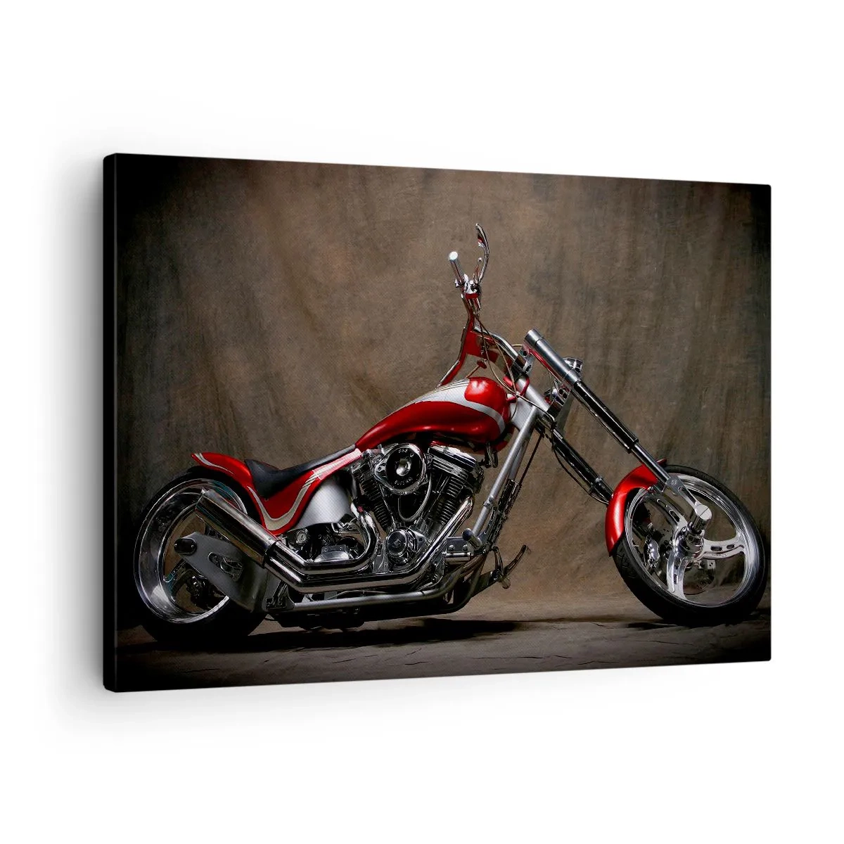 Obraz na płótnie - Czerwony motocykl custom na tle brązowego materiału - 70x50cm - Czerwono-srebrna piękność - Nowoczesna dekoracja ścienna do salonu i sypialni ARTTOR