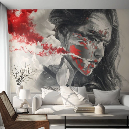 Fototapeta Premium Canvas - Artystyczny portret kobiety z abstrakcyjnymi czerwonymi akcentami - 100x70cm - W oparach absurdu - Nowoczesna dekoracja ścienna do salonu i sypialni ARTTOR