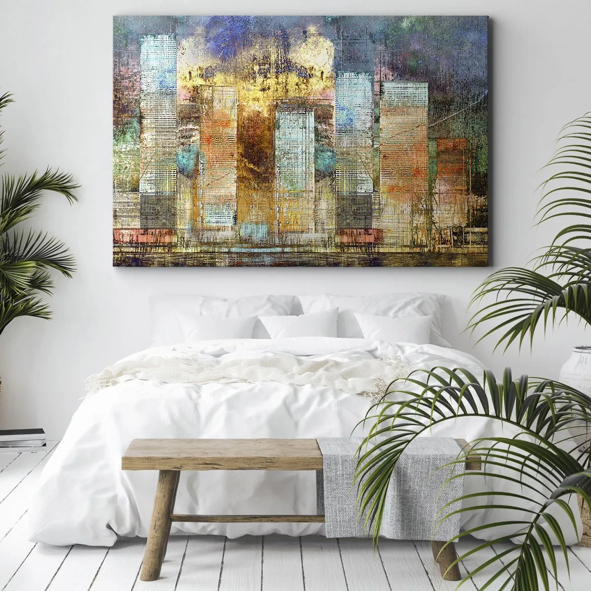 Obraz na płótnie - Abstrakcyjne wieżowce w industrialnej stylistyce - 70x50cm - Słoneczna metropolia - Nowoczesna dekoracja ścienna do salonu i sypialni ARTTOR