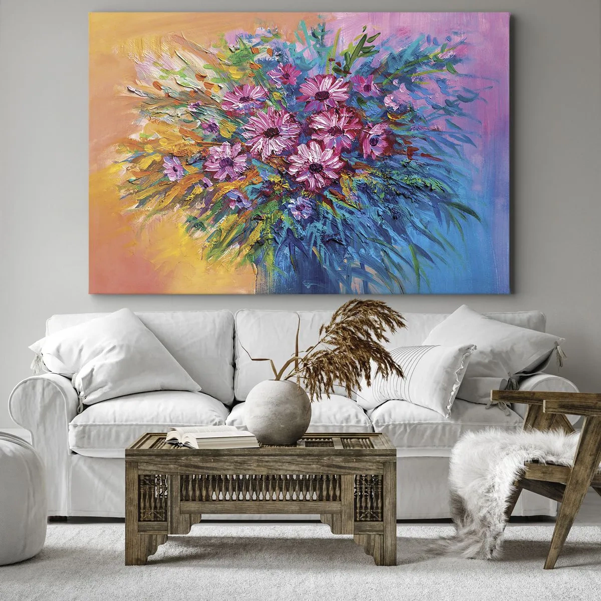 Obraz na płótnie - Kolorowe kwiaty w bukiecie na tle w pastelowych odcieniach - 70x50cm - Energia życia - Nowoczesna dekoracja ścienna do salonu i sypialni ARTTOR