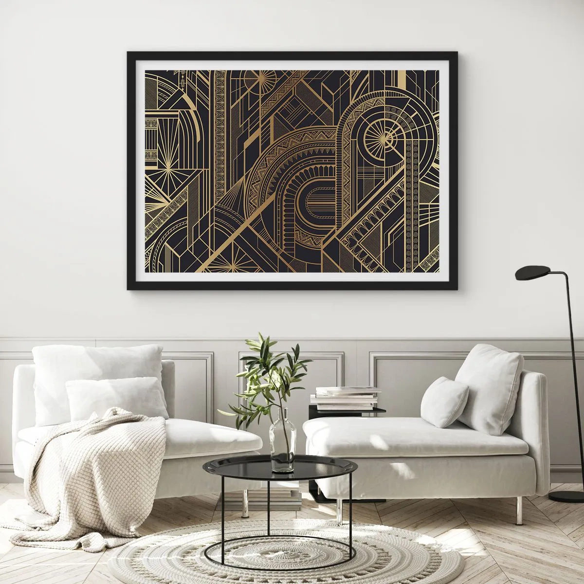 Plakat w czarnej ramie - Złote geometryczne wzory na czarnym tle w stylu art deco - 70x50cm - Koncepty, idee, plany - Nowoczesna dekoracja ścienna do salonu i sypialni ARTTOR