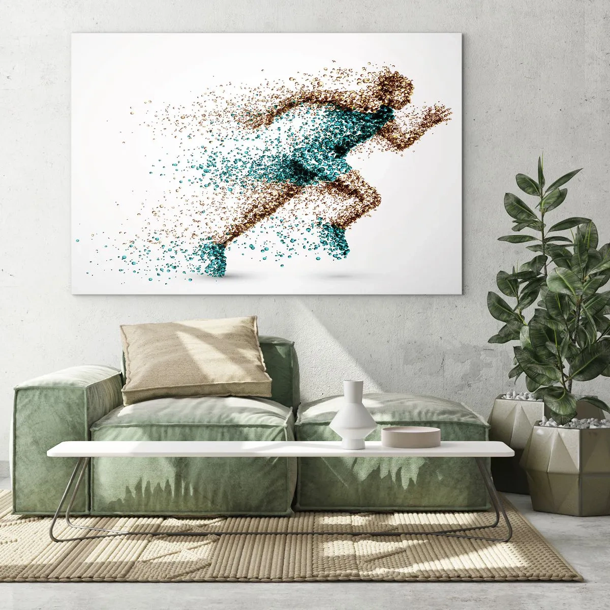 Obraz na szkle - Postać biegacza uformowana z kolorowych cząsteczek - 120x80cm - Życie to bieg - Nowoczesna dekoracja ścienna do salonu, kuchni i sypialni ARTTOR